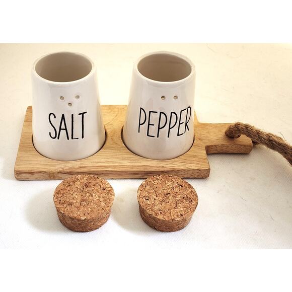SALT & PEPPER/PIER 1-Set of Shakers With Wood Board Stand-Cork Tops-Set of 3 - Picture 3 of 10